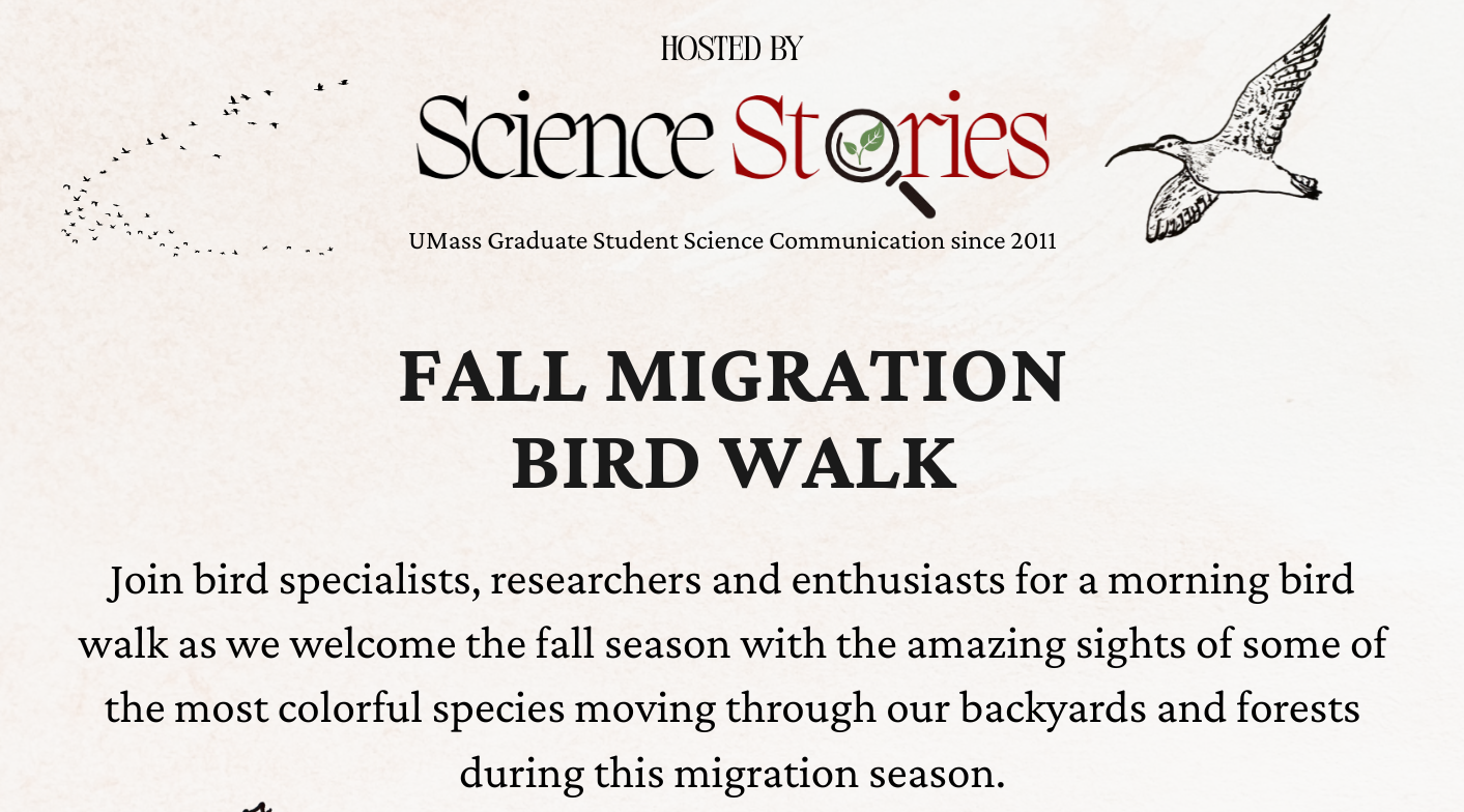 Fall migration bird walk - Join bird specialists, researchers and enthusiasts for a morning bird walk as we welcome the fall season with the amazing sights of some of the most colorful species moving through our backyards and forests during this migration season. Hosted by Science Stories, UMass Graduate Student Science Communication Since 2011.